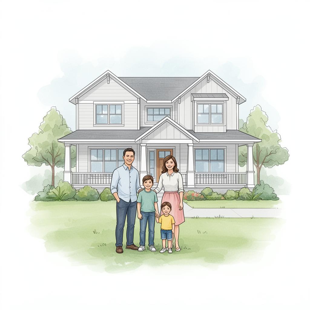 Illustration of a happy family in front of their Ready2Sell home